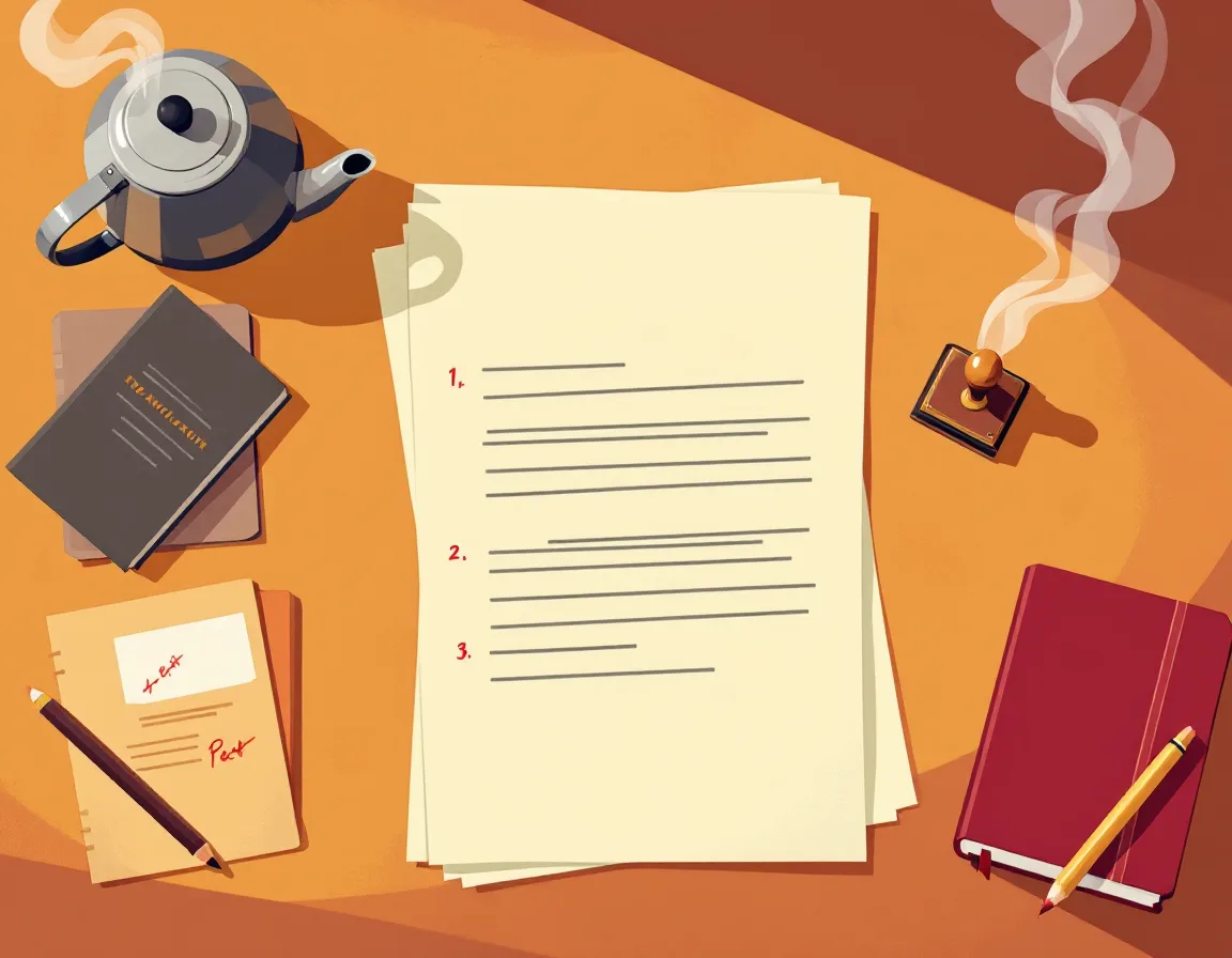 Illustration of a translator's desk with a marked-up bilingual contract, two dictionaries, a certification stamp and a kettle